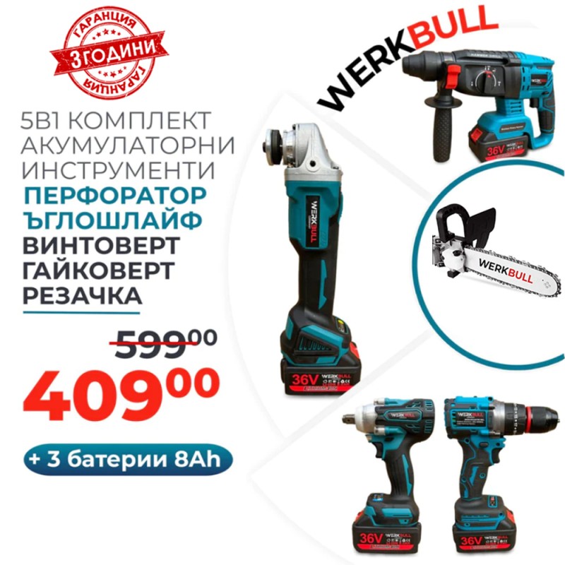 5в1 Немски Комплект WerkBull от Резачка, Гайковерт-Винтоверт,Перфоратор,Ъглошлайф и Винтоверт +3 Батерии 8Ah и Чанта за съхранение