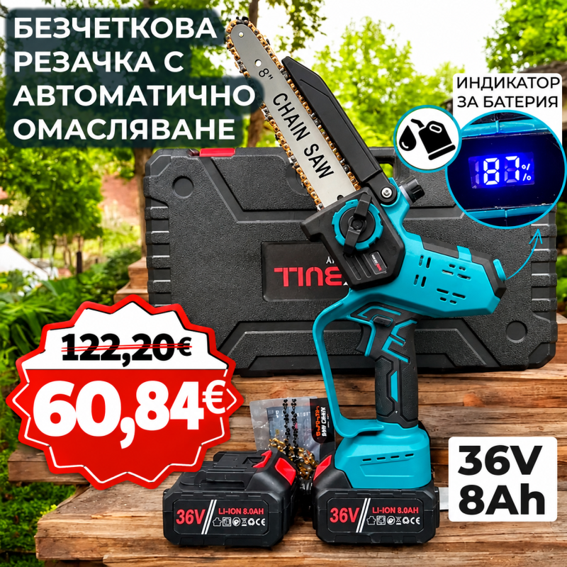 Немска акумулаторна Безчеткова резачка 25см. с Автоматично Омасляване и дисплей за нивото на батерията + две закалени вериги