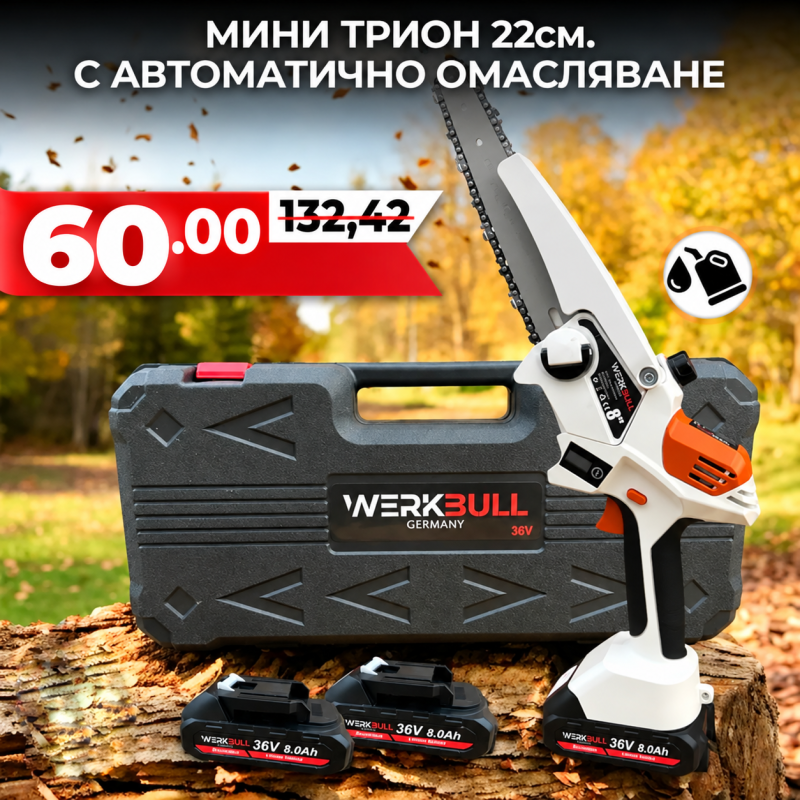 Акумулаторна Безчеткова резачка с омасляване WerkBull с две батерии + подарък верига
